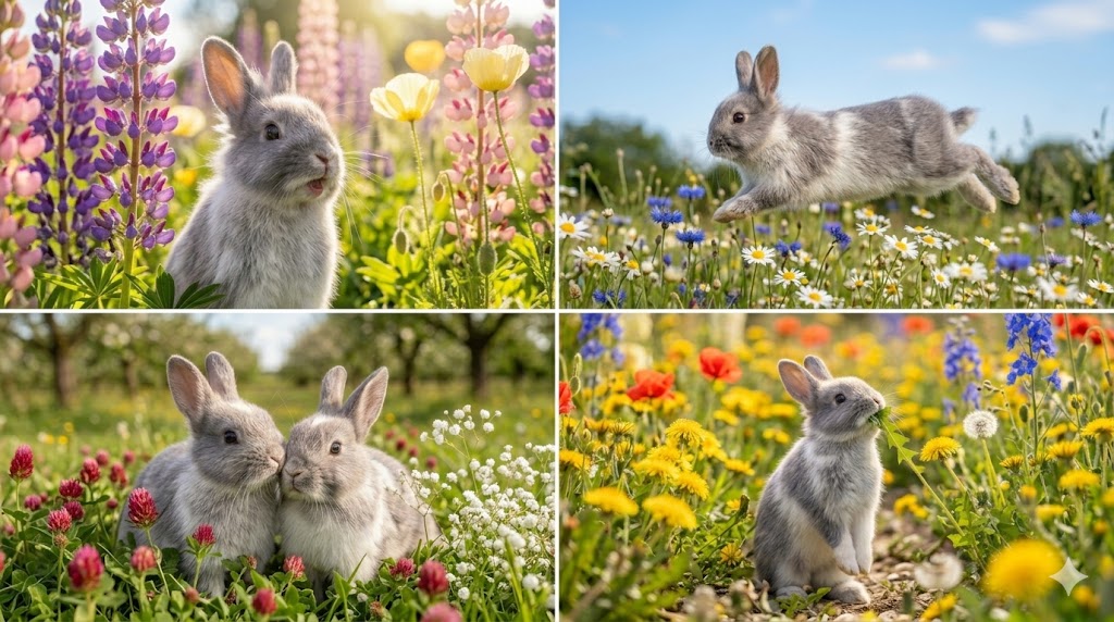 Bunnies in a field of flowers